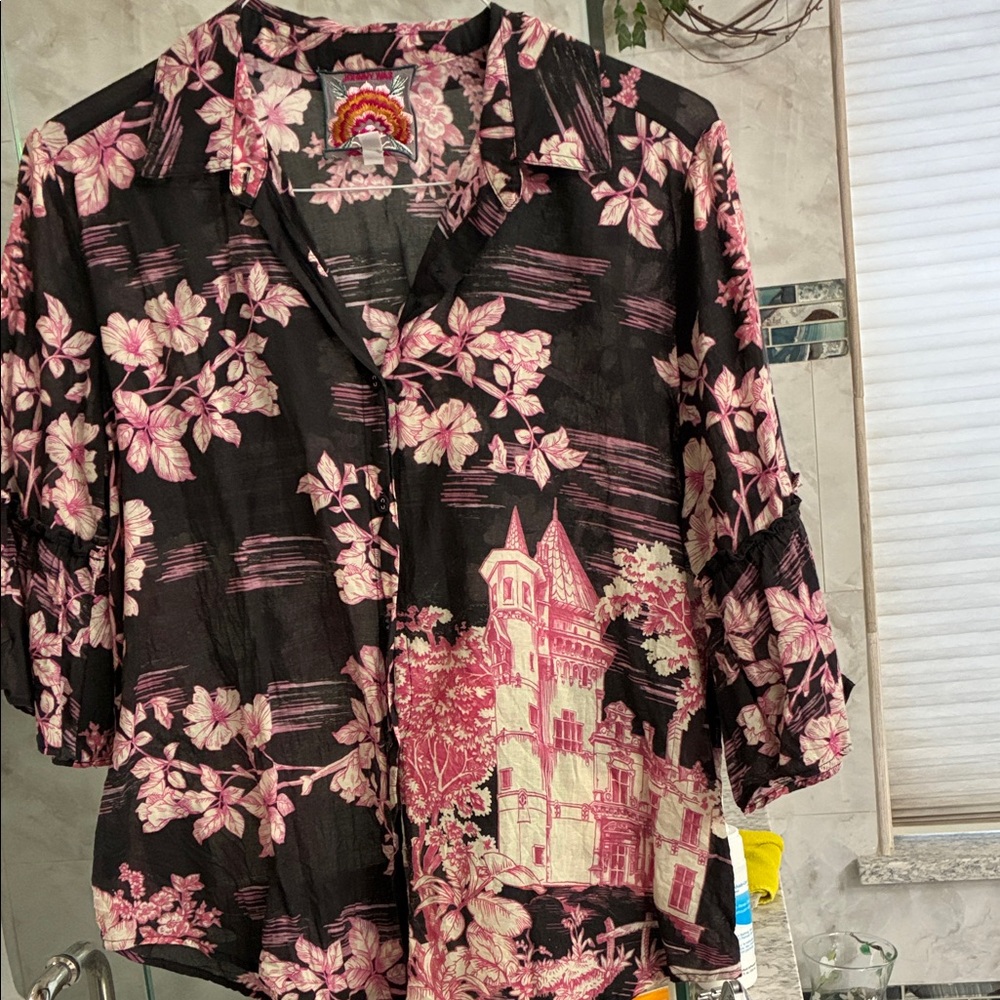 Johnny Was Black and Pink Castle Print Button Down Shirt